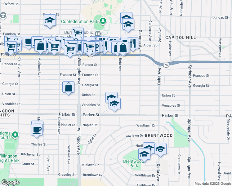 map of restaurants, bars, coffee shops, grocery stores, and more near 4663 Union Street in Burnaby