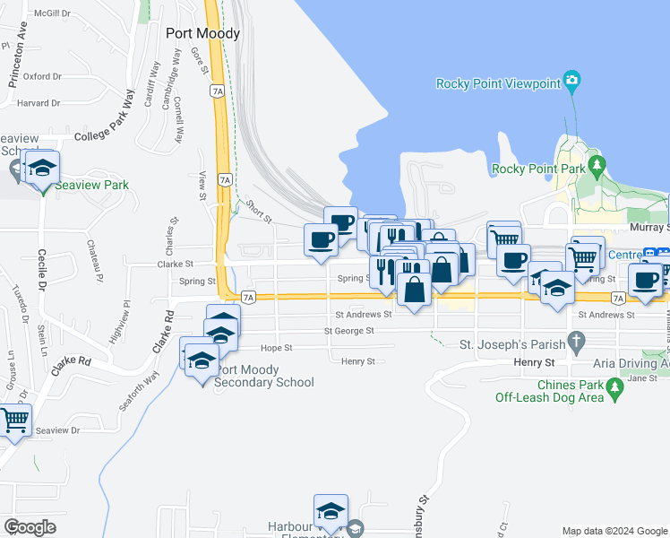 map of restaurants, bars, coffee shops, grocery stores, and more near 80 Elgin Street in Port Moody