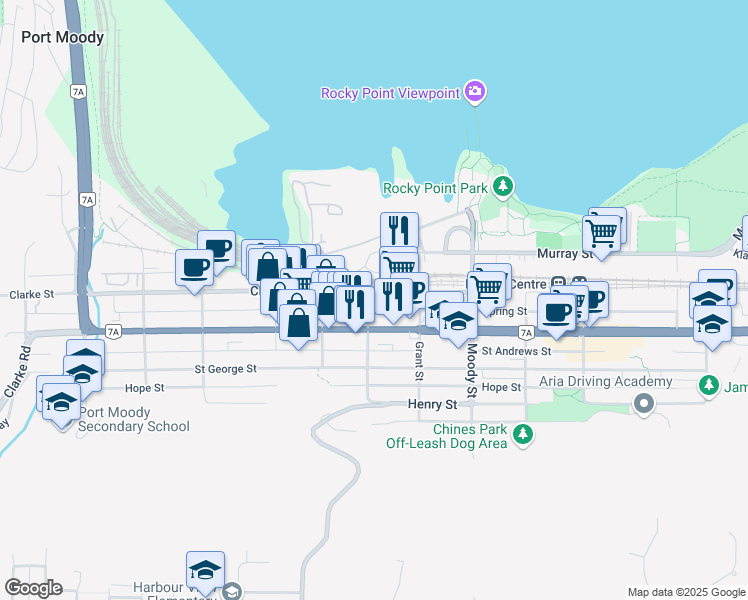map of restaurants, bars, coffee shops, grocery stores, and more near 42 Mary Street in Port Moody