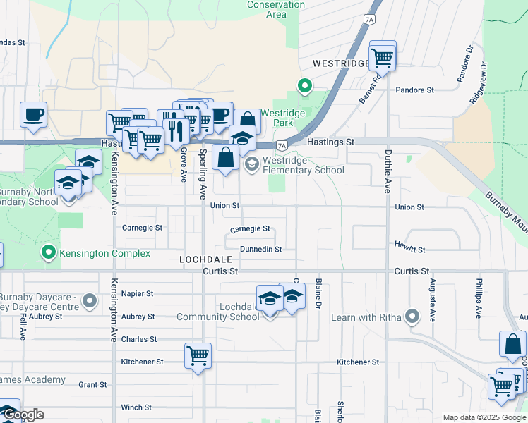 map of restaurants, bars, coffee shops, grocery stores, and more near 6916 Union Street in Burnaby