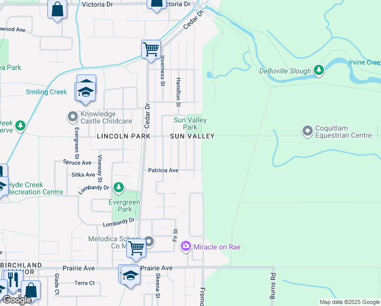map of restaurants, bars, coffee shops, grocery stores, and more near 3653 Saint Thomas Street in Port Coquitlam