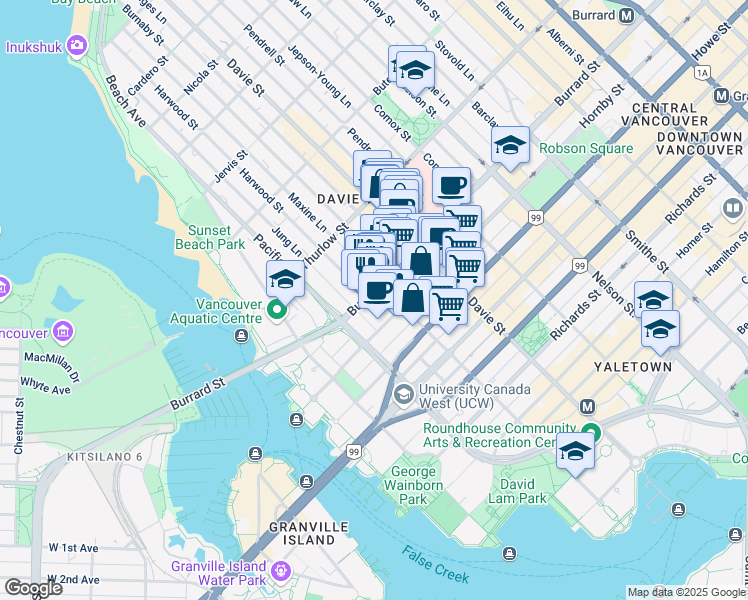 map of restaurants, bars, coffee shops, grocery stores, and more near 1330 Burrard Street in Vancouver