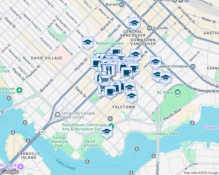 map of restaurants, bars, coffee shops, grocery stores, and more near 1051 Richards Street in Vancouver