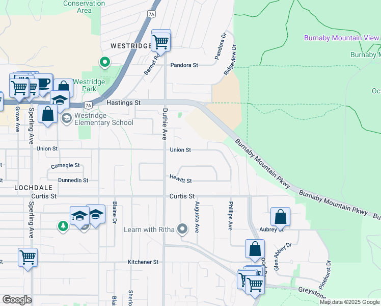 map of restaurants, bars, coffee shops, grocery stores, and more near 7260 Union Street in Burnaby