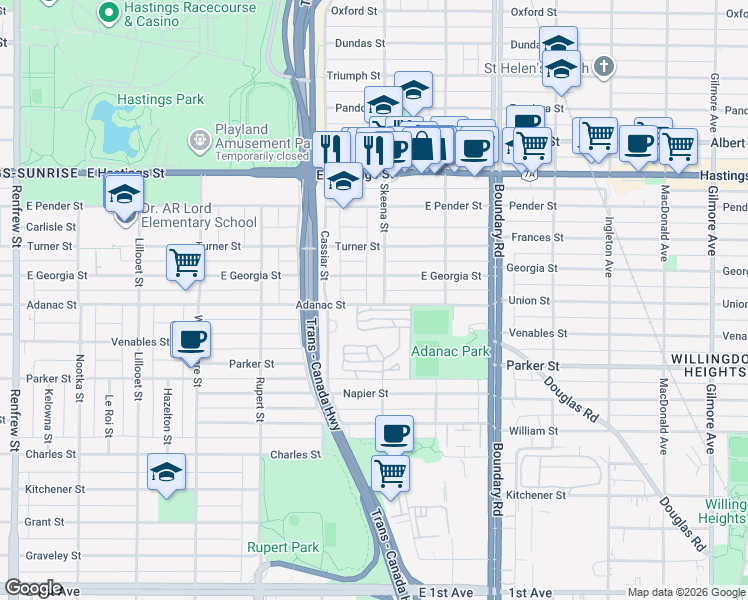 map of restaurants, bars, coffee shops, grocery stores, and more near 785 Skeena Street in Vancouver