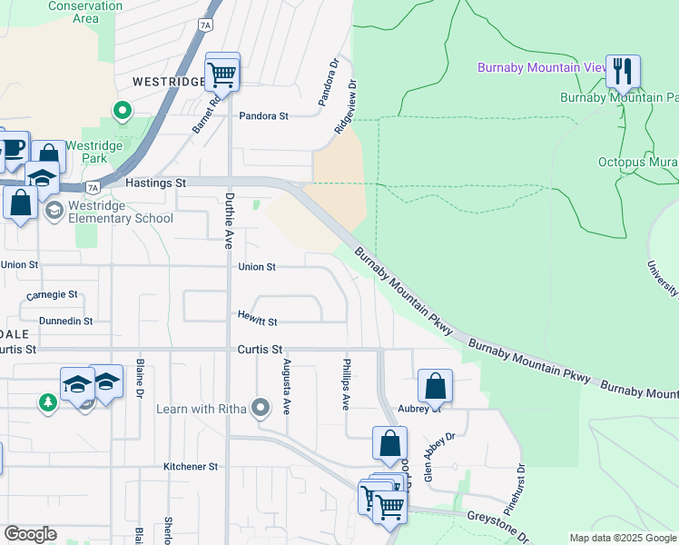 map of restaurants, bars, coffee shops, grocery stores, and more near 7371 Union Street in Burnaby