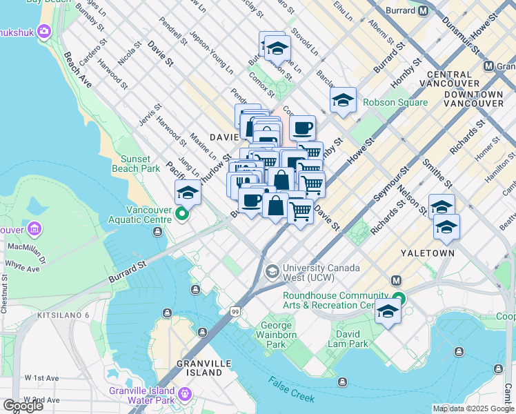 map of restaurants, bars, coffee shops, grocery stores, and more near 950 Drake Street in Vancouver