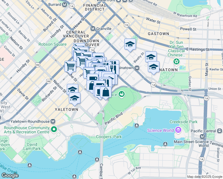 map of restaurants, bars, coffee shops, grocery stores, and more near in Vancouver