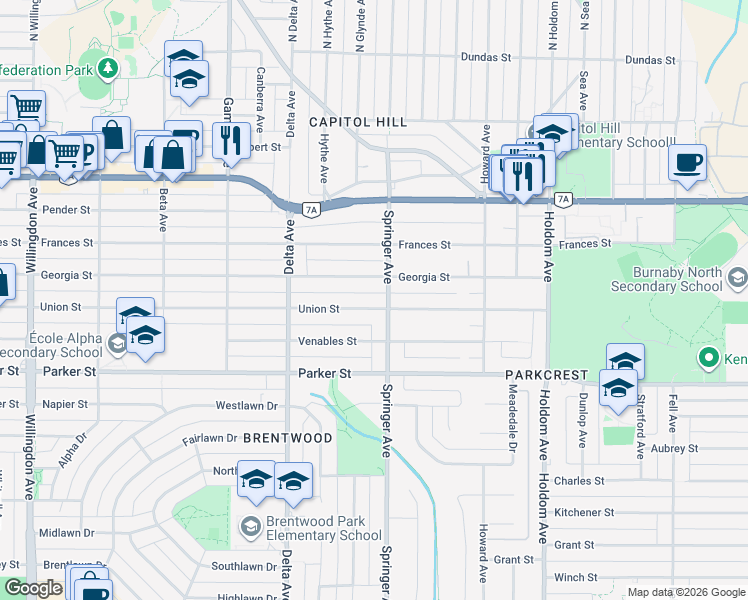 map of restaurants, bars, coffee shops, grocery stores, and more near 5133 Union Street in Burnaby