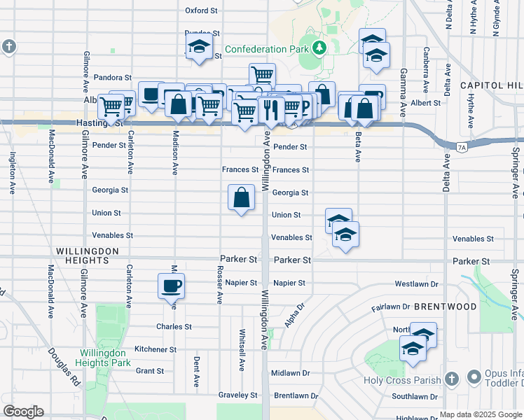 map of restaurants, bars, coffee shops, grocery stores, and more near 4495 Union Street in Burnaby