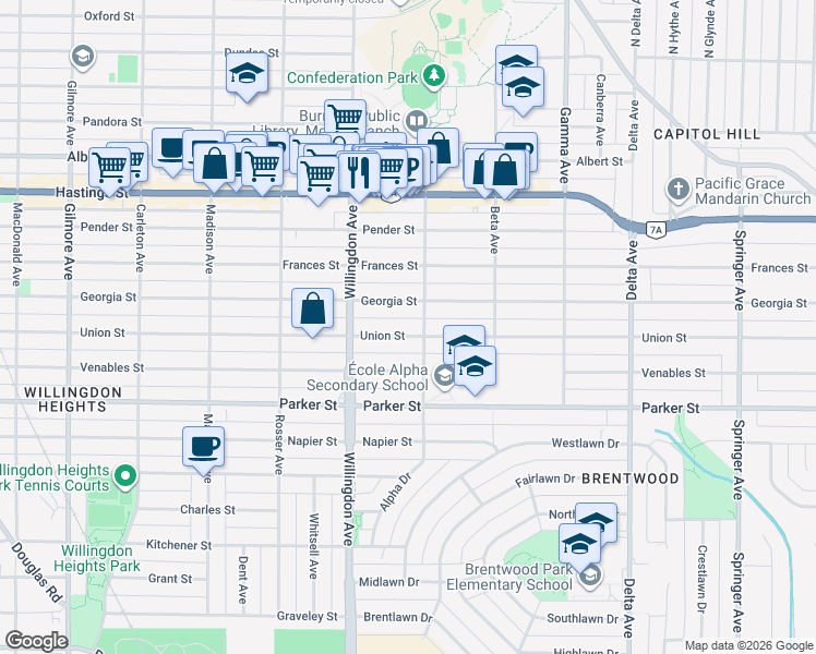 map of restaurants, bars, coffee shops, grocery stores, and more near 4581 Union Street in Burnaby