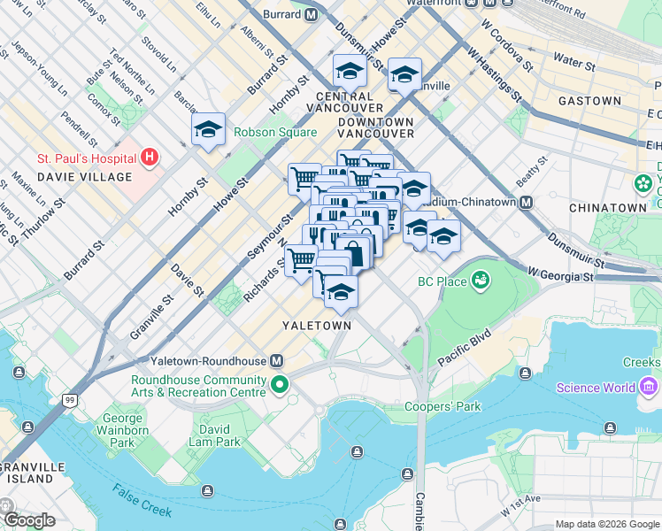 map of restaurants, bars, coffee shops, grocery stores, and more near 891 Homer Street in Vancouver