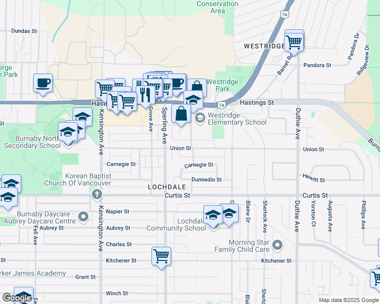 map of restaurants, bars, coffee shops, grocery stores, and more near 6842 Union Street in Burnaby