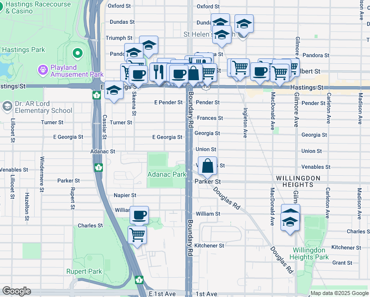 map of restaurants, bars, coffee shops, grocery stores, and more near 3681 Adanac Street in Vancouver