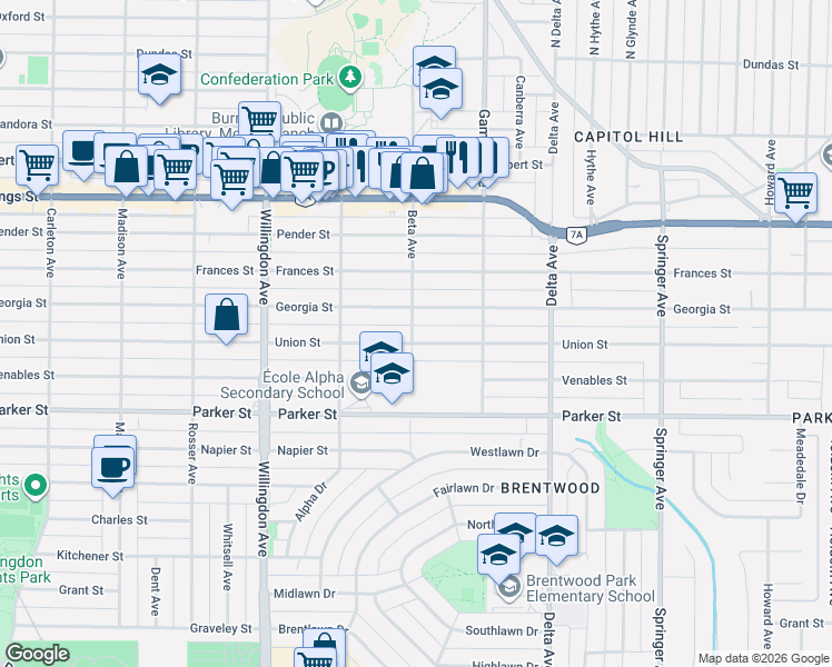 map of restaurants, bars, coffee shops, grocery stores, and more near 750 Beta Avenue in Burnaby