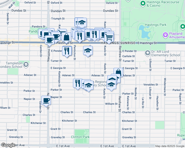 map of restaurants, bars, coffee shops, grocery stores, and more near in Vancouver