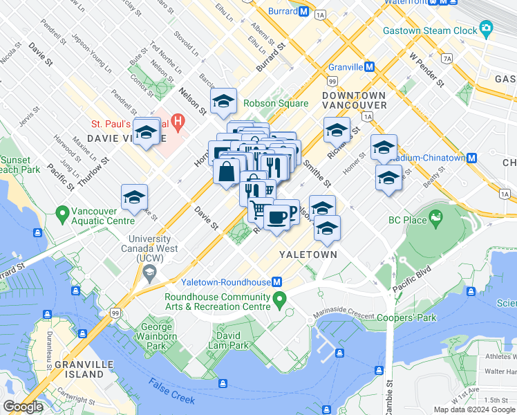 map of restaurants, bars, coffee shops, grocery stores, and more near 1060 Granville Street in Vancouver