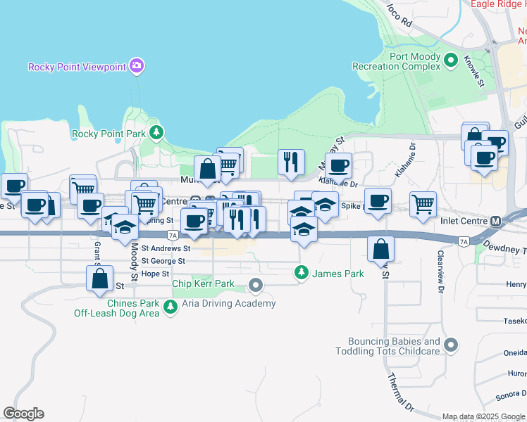 map of restaurants, bars, coffee shops, grocery stores, and more near 3082b Spring Street in Port Moody