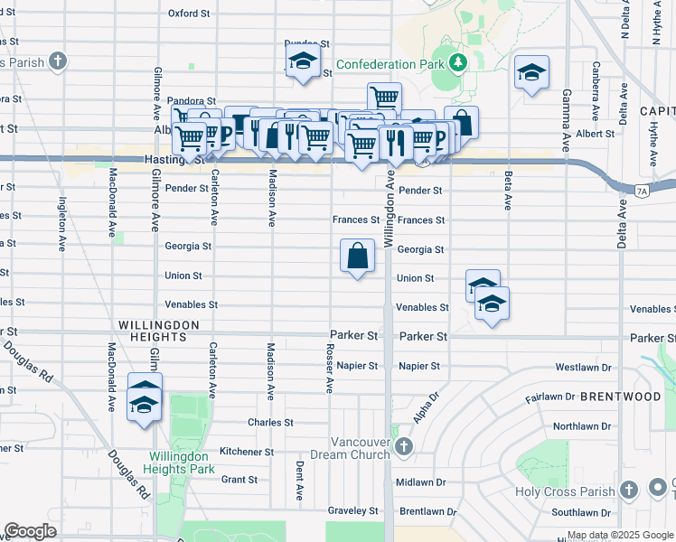 map of restaurants, bars, coffee shops, grocery stores, and more near 4407 Union Street in Burnaby