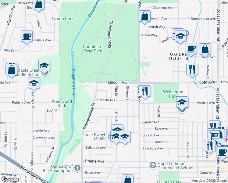 map of restaurants, bars, coffee shops, grocery stores, and more near in Port Coquitlam