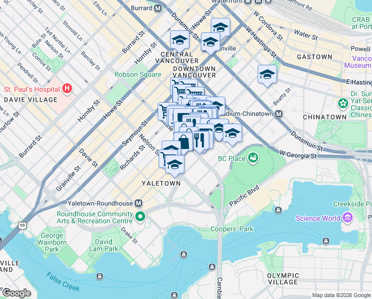 map of restaurants, bars, coffee shops, grocery stores, and more near in Vancouver