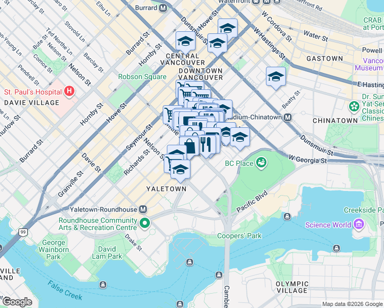 map of restaurants, bars, coffee shops, grocery stores, and more near 909 Mainland Street in Vancouver