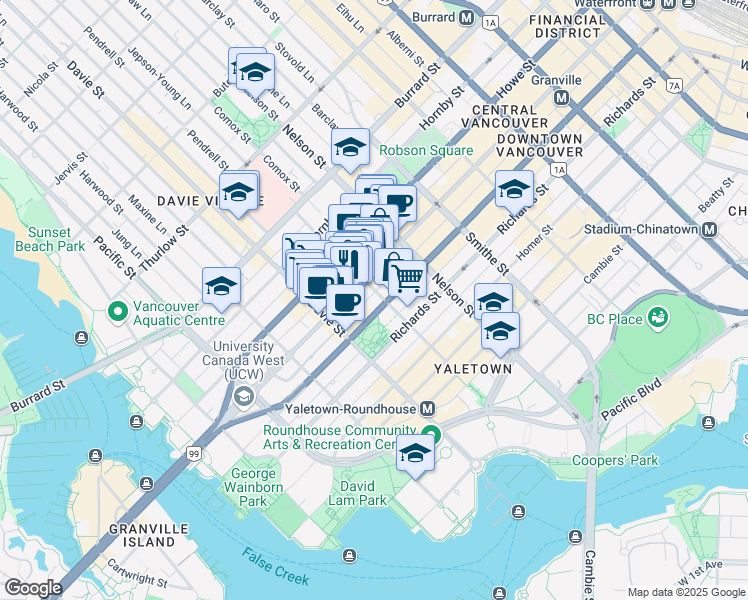 map of restaurants, bars, coffee shops, grocery stores, and more near 1101 Seymour Street in Vancouver