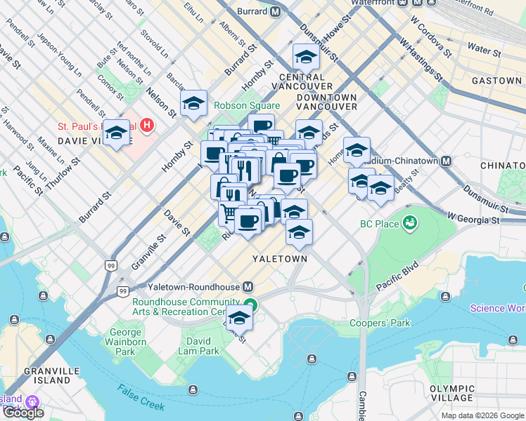 map of restaurants, bars, coffee shops, grocery stores, and more near in Vancouver