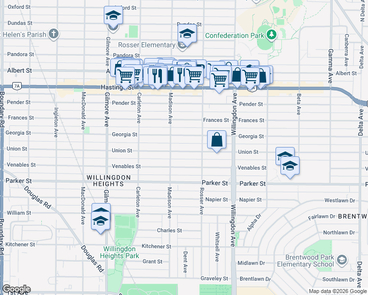 map of restaurants, bars, coffee shops, grocery stores, and more near 4331 Union Street in Burnaby