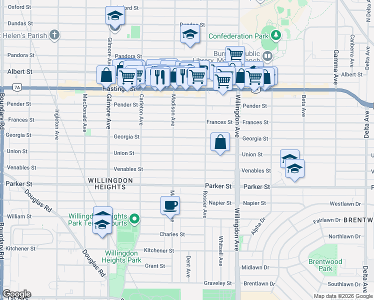 map of restaurants, bars, coffee shops, grocery stores, and more near 4331 Union Street in Burnaby