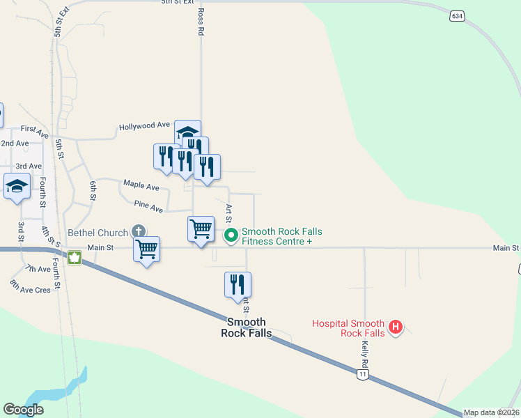 map of restaurants, bars, coffee shops, grocery stores, and more near 47 Breton Crescent in Smooth Rock Falls
