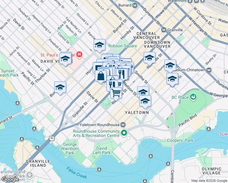 map of restaurants, bars, coffee shops, grocery stores, and more near 1082 Seymour Street in Vancouver