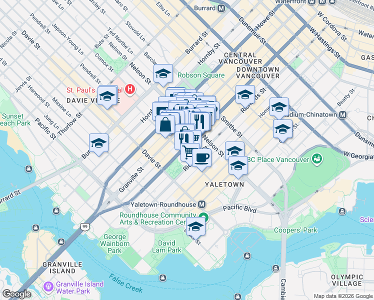 map of restaurants, bars, coffee shops, grocery stores, and more near 1082 Seymour Street in Vancouver