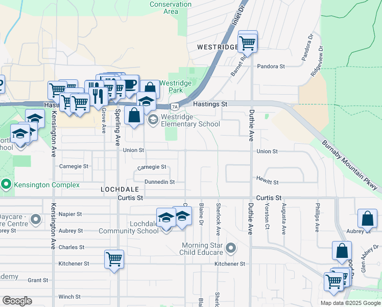 map of restaurants, bars, coffee shops, grocery stores, and more near 7004 Union Street in Burnaby