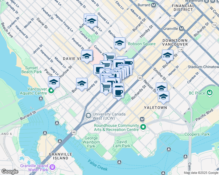 map of restaurants, bars, coffee shops, grocery stores, and more near in Vancouver