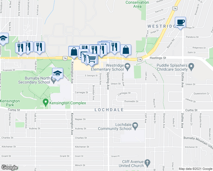 map of restaurants, bars, coffee shops, grocery stores, and more near 6698 Union Street in Burnaby