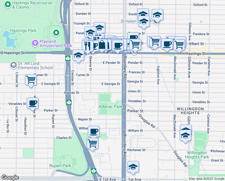 map of restaurants, bars, coffee shops, grocery stores, and more near 3617 Adanac Street in Vancouver