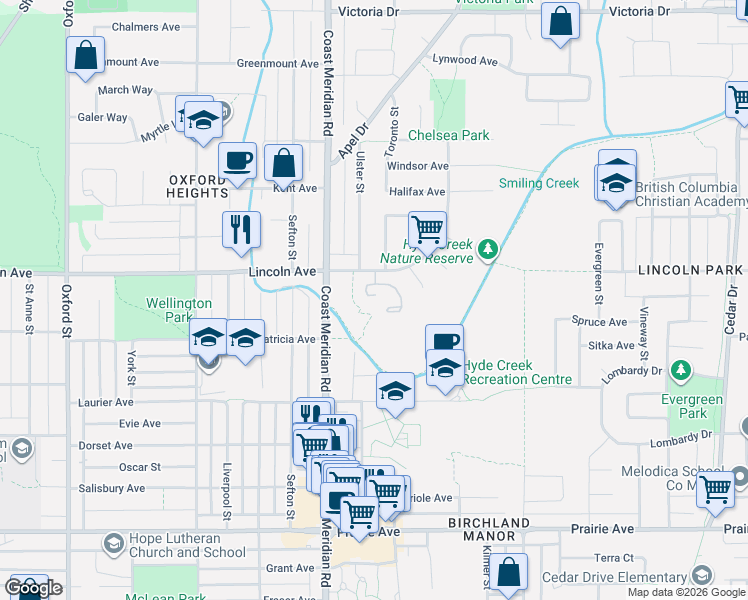 map of restaurants, bars, coffee shops, grocery stores, and more near 1386 Lincoln Drive in Port Coquitlam