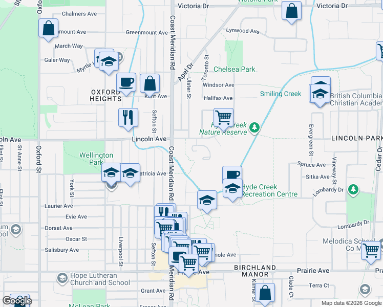 map of restaurants, bars, coffee shops, grocery stores, and more near 1386 Lincoln Drive in Port Coquitlam