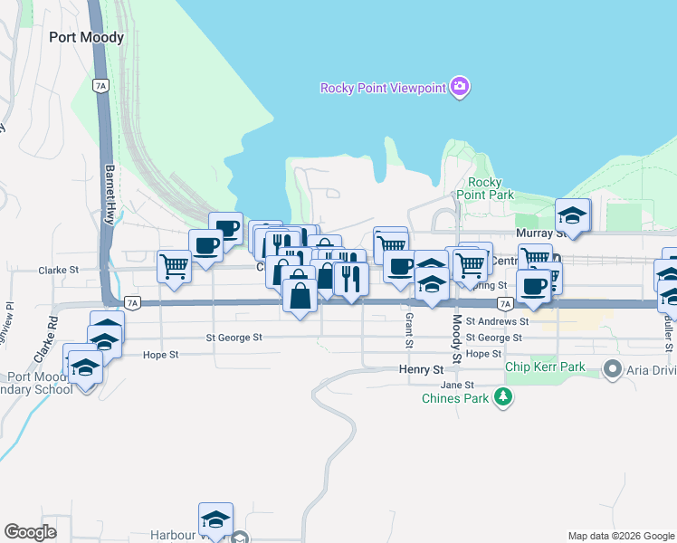 map of restaurants, bars, coffee shops, grocery stores, and more near 2525 Clarke Street in Port Moody