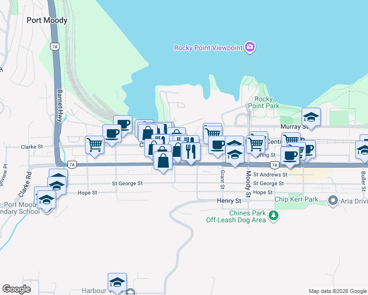 map of restaurants, bars, coffee shops, grocery stores, and more near 2509 Clarke Street in Port Moody