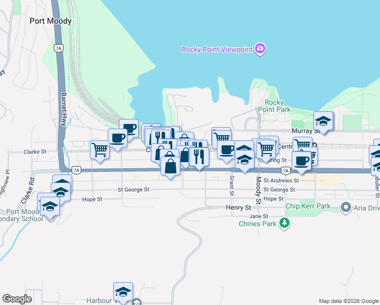 map of restaurants, bars, coffee shops, grocery stores, and more near 2515 Clarke Street in Port Moody