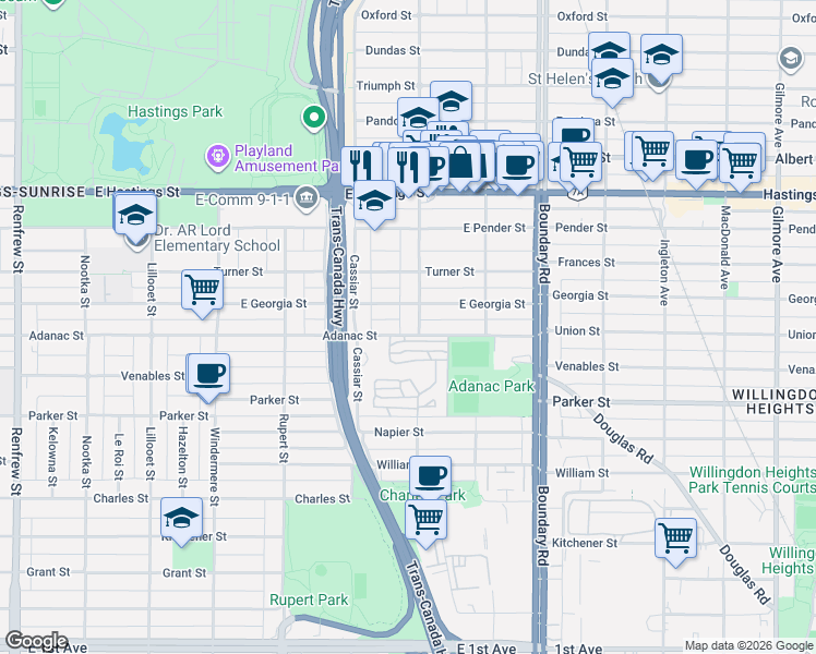 map of restaurants, bars, coffee shops, grocery stores, and more near 765 Skeena Street in Vancouver