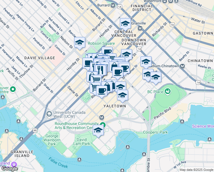 map of restaurants, bars, coffee shops, grocery stores, and more near 1002 Richards Street in Vancouver