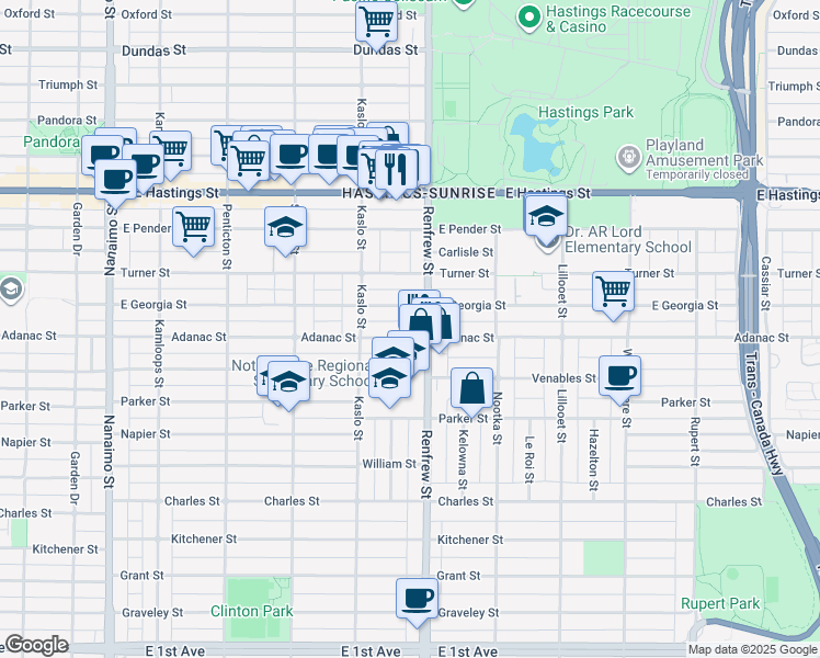 map of restaurants, bars, coffee shops, grocery stores, and more near 2881 Adanac Street in Vancouver