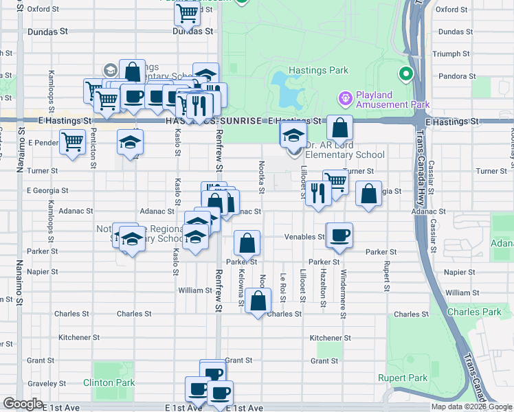 map of restaurants, bars, coffee shops, grocery stores, and more near 2995 Adanac Street in Vancouver