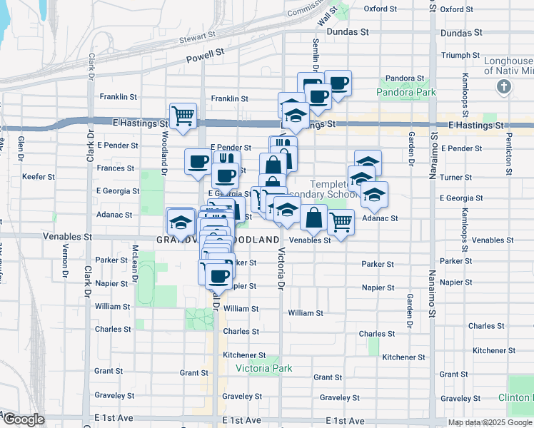 map of restaurants, bars, coffee shops, grocery stores, and more near 1865 Adanac Street in Vancouver