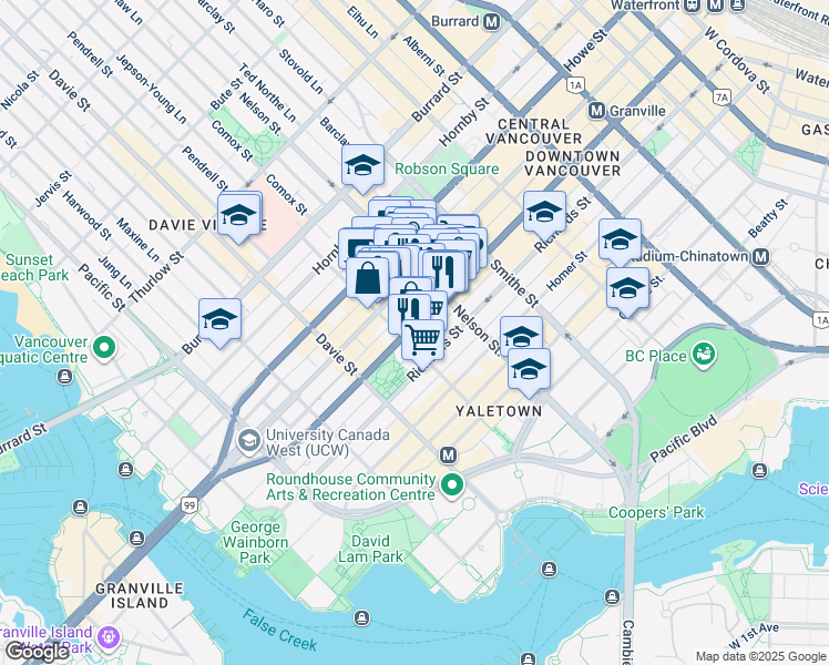 map of restaurants, bars, coffee shops, grocery stores, and more near 1082 Seymour Street in Vancouver