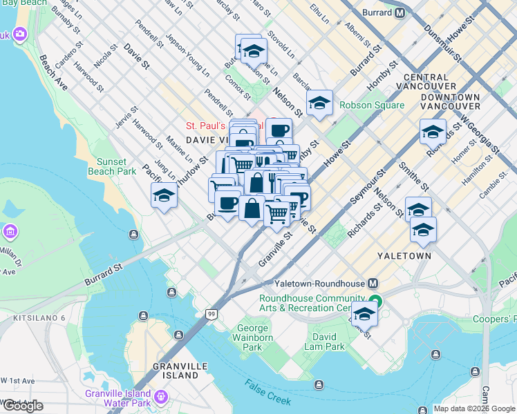 map of restaurants, bars, coffee shops, grocery stores, and more near 1252 Hornby Street in Vancouver