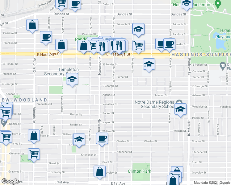 map of restaurants, bars, coffee shops, grocery stores, and more near 2505 Adanac Street in Vancouver